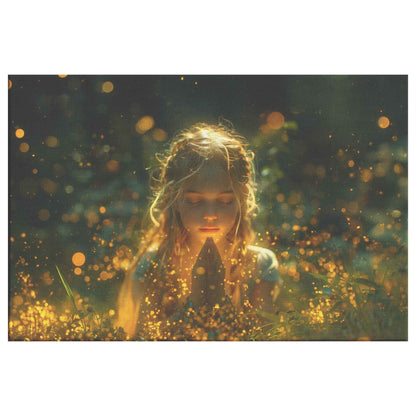 Radiant Serenity Girl Praying Amongst Fireflies  Enchanting Christian Canvas Wall Art Decor