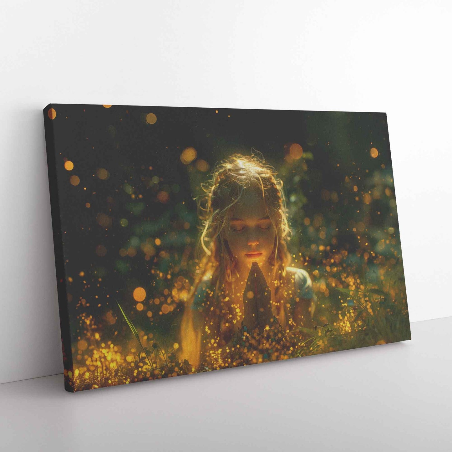 Radiant Serenity Girl Praying Amongst Fireflies  Enchanting Christian Canvas Wall Art Decor