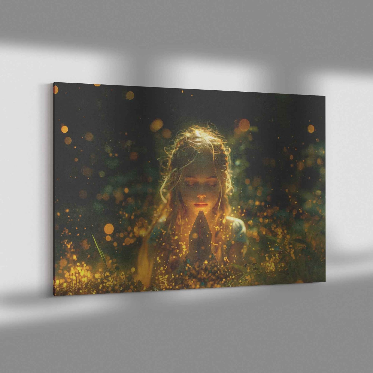 Radiant Serenity Girl Praying Amongst Fireflies  Enchanting Christian Canvas Wall Art Decor