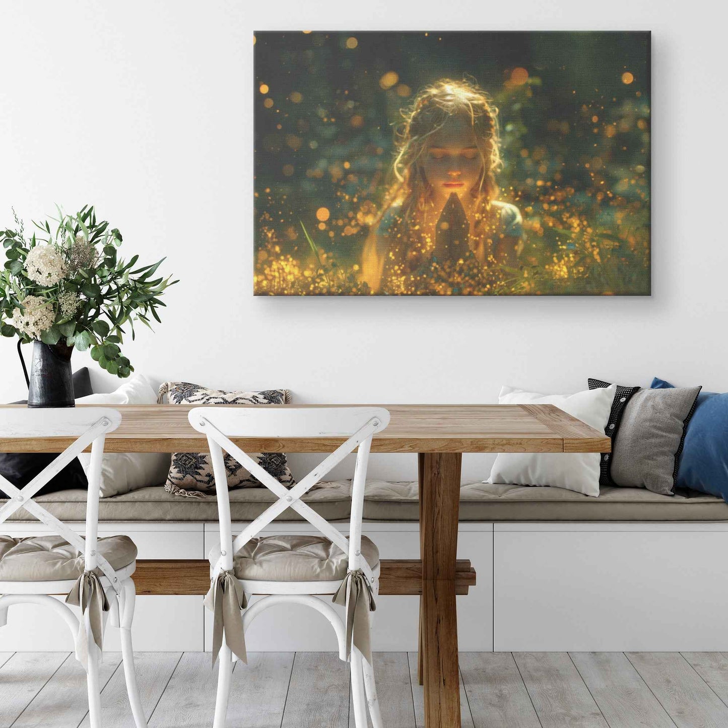 Radiant Serenity Girl Praying Amongst Fireflies  Enchanting Christian Canvas Wall Art Decor