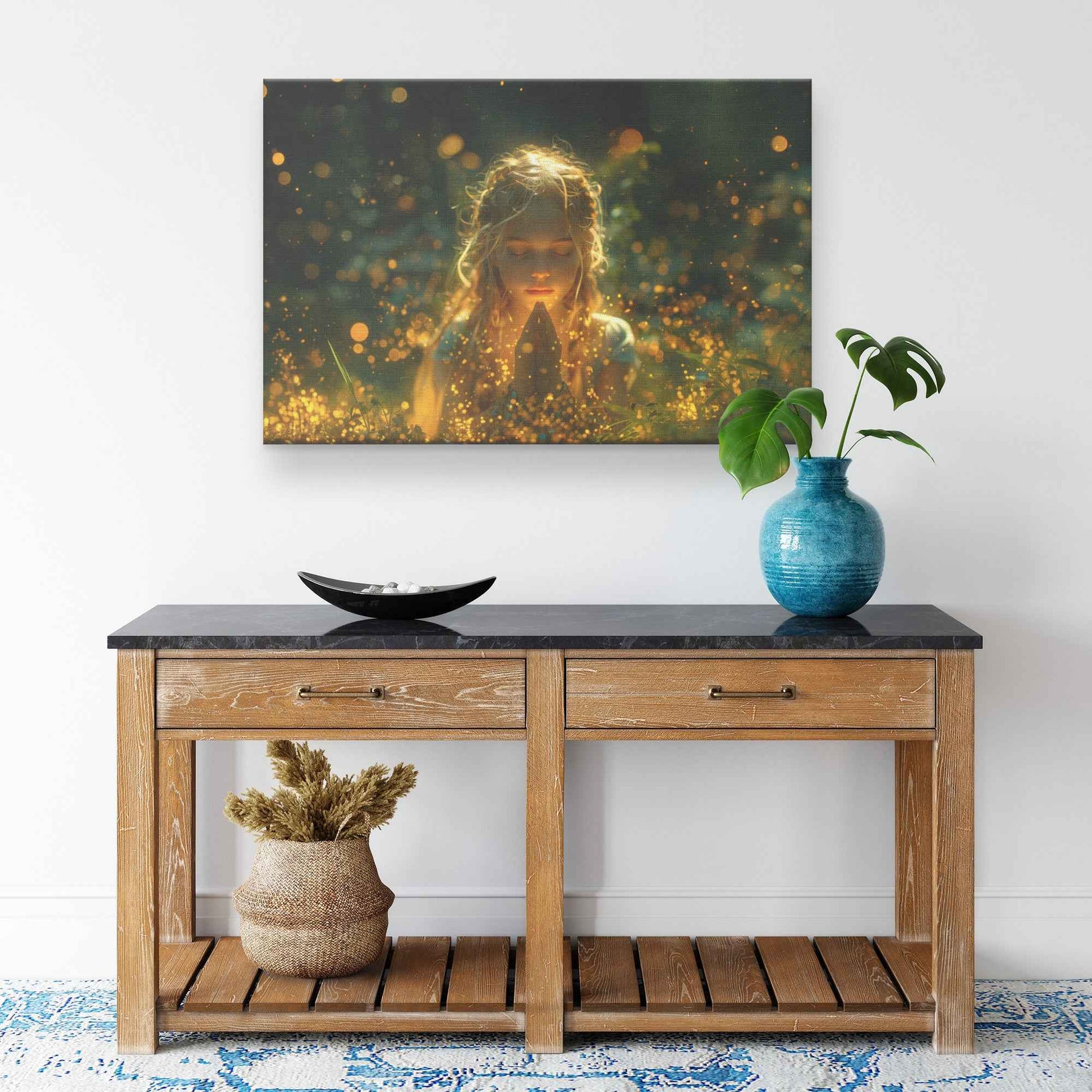 Radiant Serenity Girl Praying Amongst Fireflies  Enchanting Christian Canvas Wall Art Decor