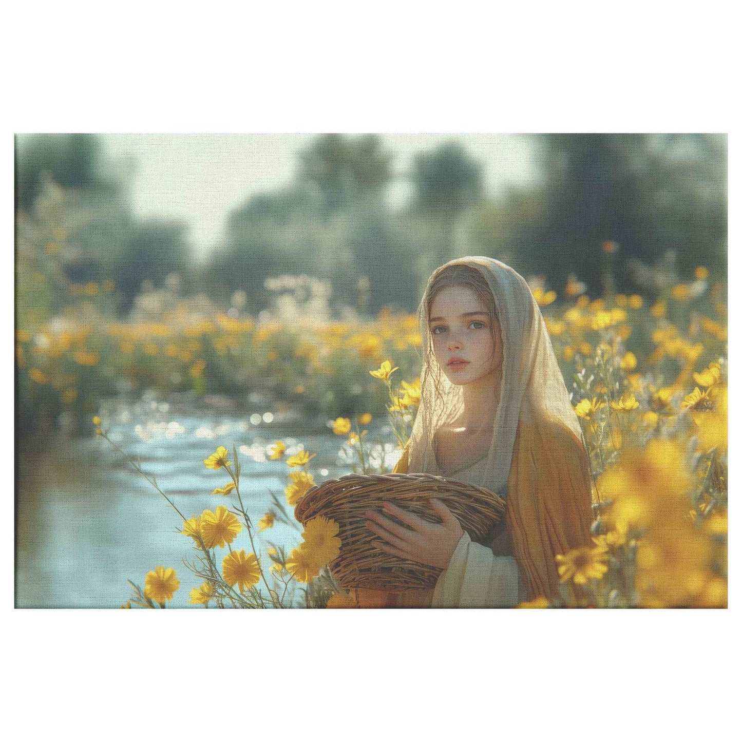 Radiant Serenity Young Woman in Flowing Robes Surrounded Yellow Flowers   Enchanting Christian Canvas Wall Art Decor