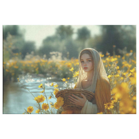 Radiant Serenity Young Woman in Flowing Robes Surrounded Yellow Flowers   Enchanting Christian Canvas Wall Art Decor