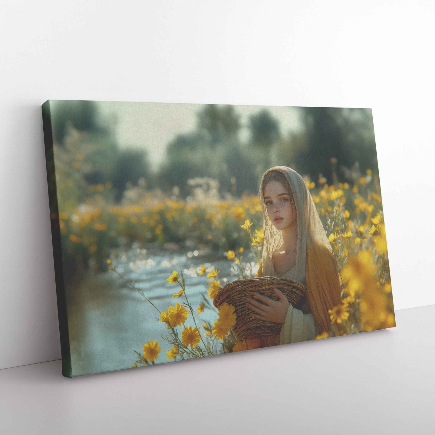 Radiant Serenity Young Woman in Flowing Robes Surrounded Yellow Flowers   Enchanting Christian Canvas Wall Art Decor