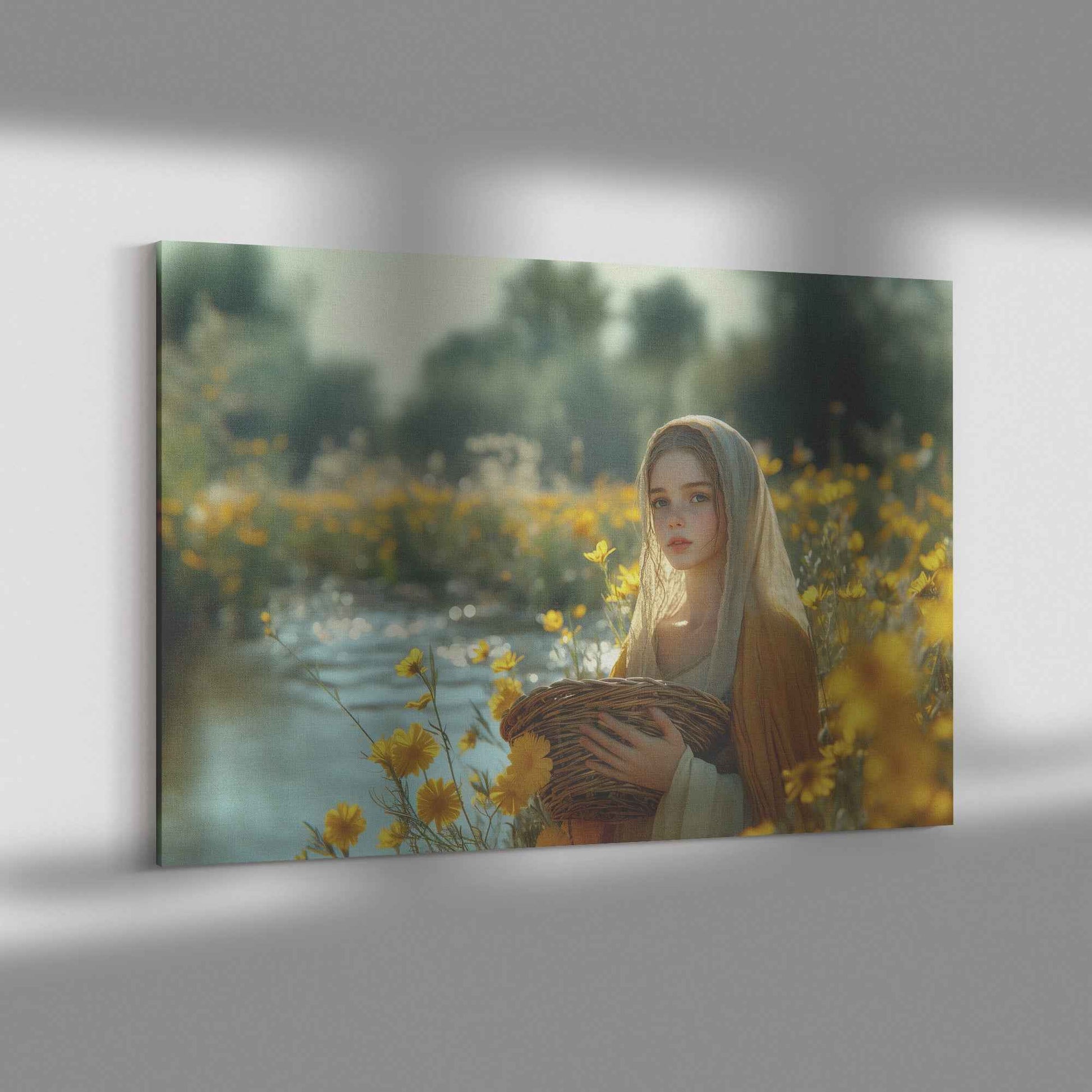 Radiant Serenity Young Woman in Flowing Robes Surrounded Yellow Flowers   Enchanting Christian Canvas Wall Art Decor