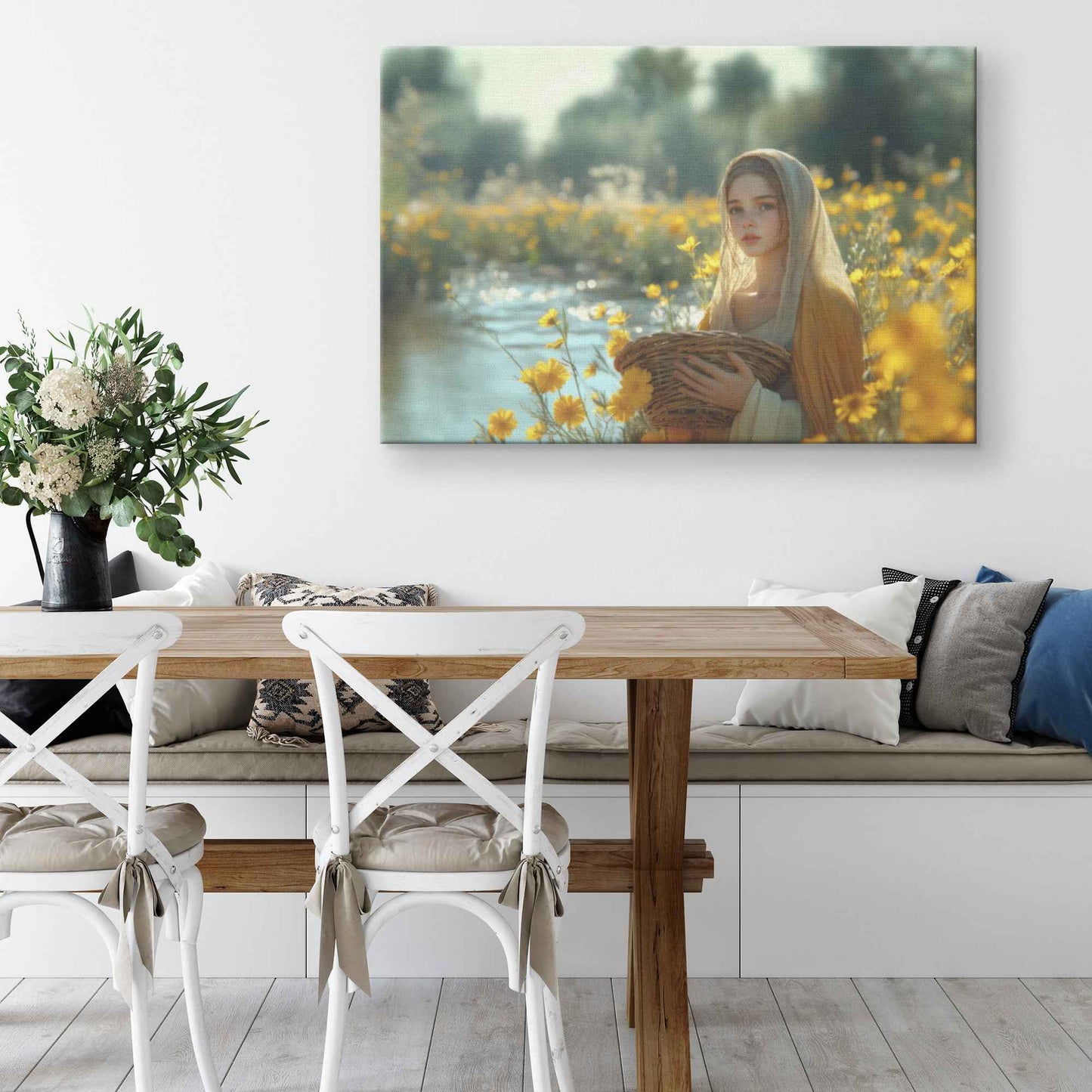 Radiant Serenity Young Woman in Flowing Robes Surrounded Yellow Flowers   Enchanting Christian Canvas Wall Art Decor