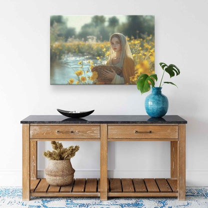Radiant Serenity Young Woman in Flowing Robes Surrounded Yellow Flowers   Enchanting Christian Canvas Wall Art Decor