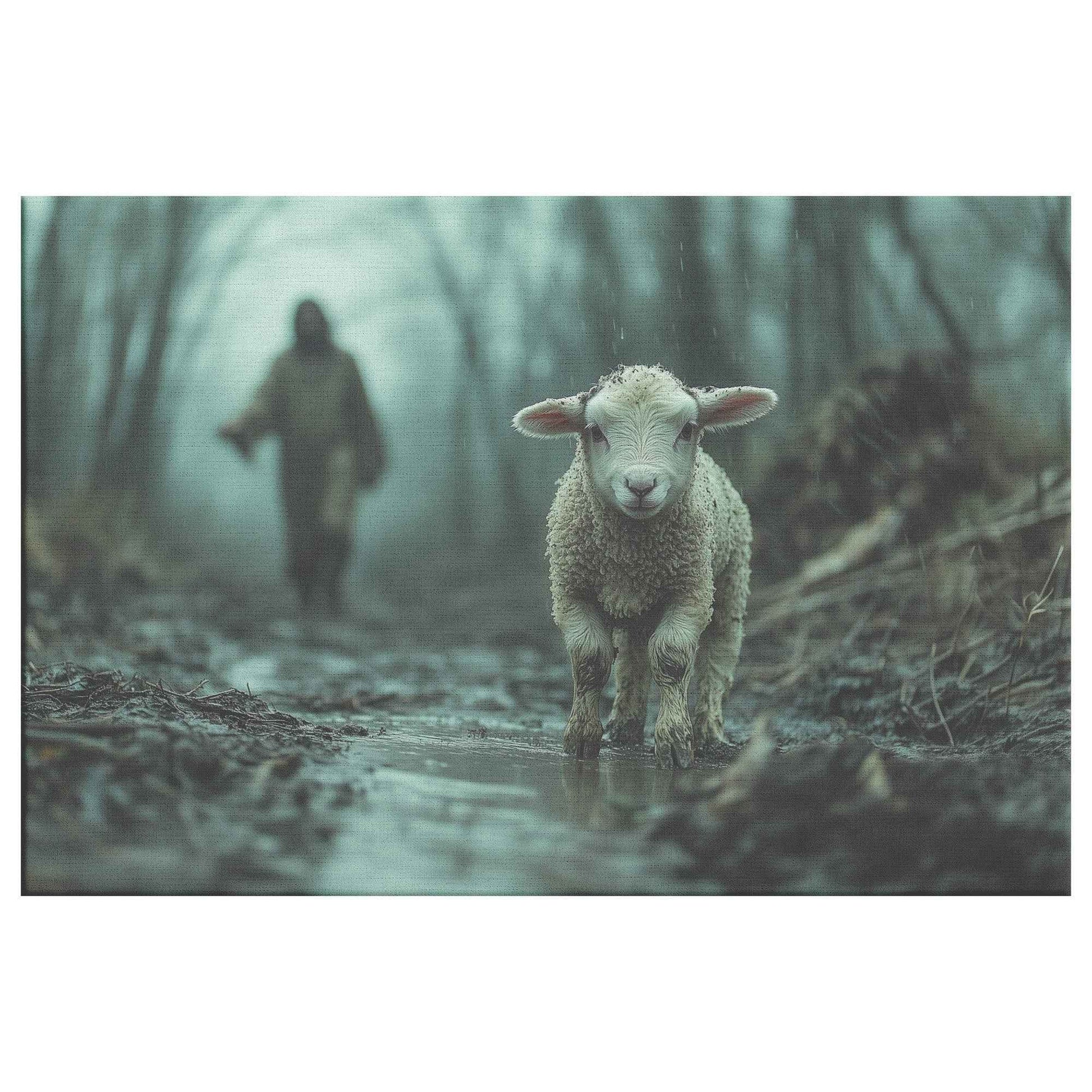 Reassuring Presence Jesus Comforting the Scared Lamb in the Mud   Christian Canvas Wall Art Decor