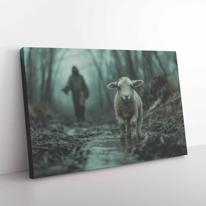Reassuring Presence Jesus Comforting the Scared Lamb in the Mud   Christian Canvas Wall Art Decor