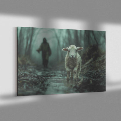 Reassuring Presence Jesus Comforting the Scared Lamb in the Mud   Christian Canvas Wall Art Decor