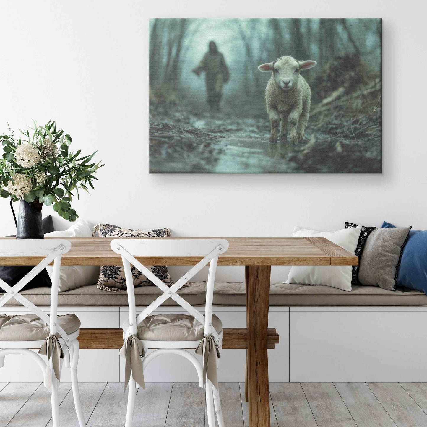 Reassuring Presence Jesus Comforting the Scared Lamb in the Mud   Christian Canvas Wall Art Decor