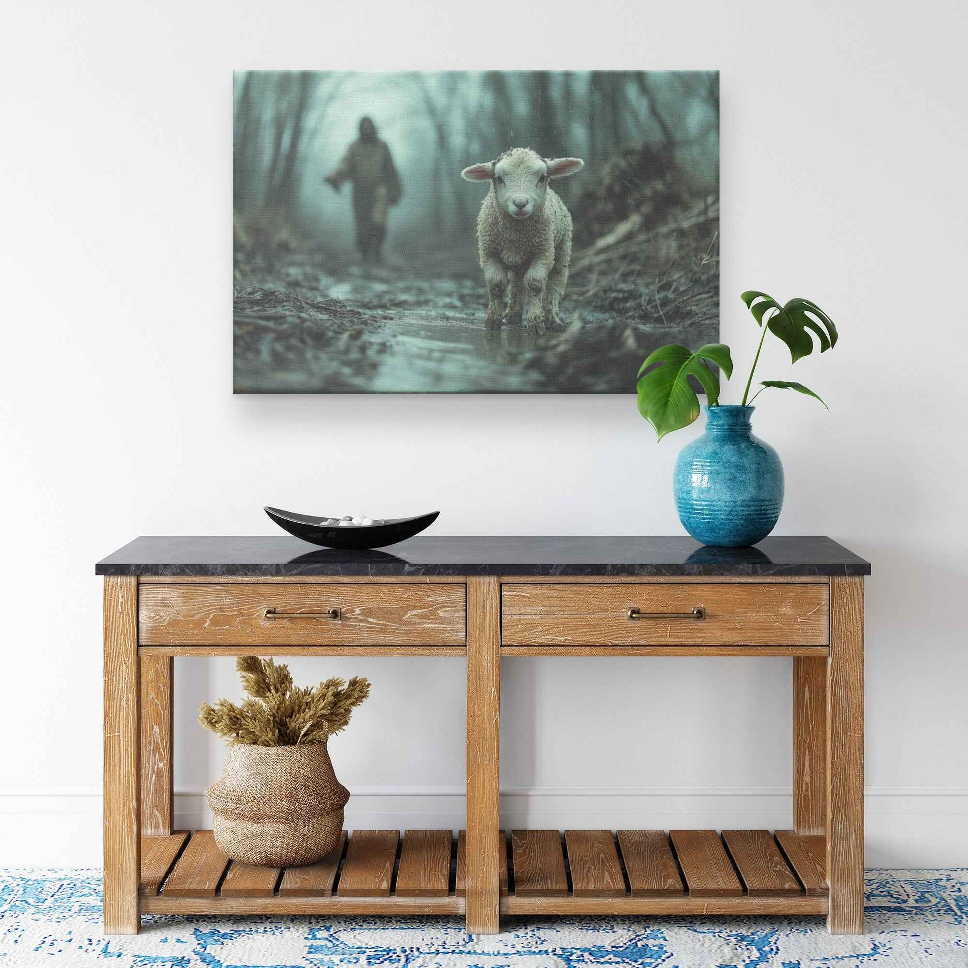 Reassuring Presence Jesus Comforting the Scared Lamb in the Mud   Christian Canvas Wall Art Decor