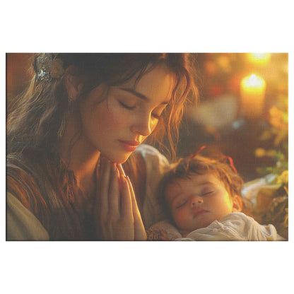 Sacred Moments Young Mother Praying Over Sleeping Baby in Warm Home   Uplifting Christian Canvas Wall Art Decor