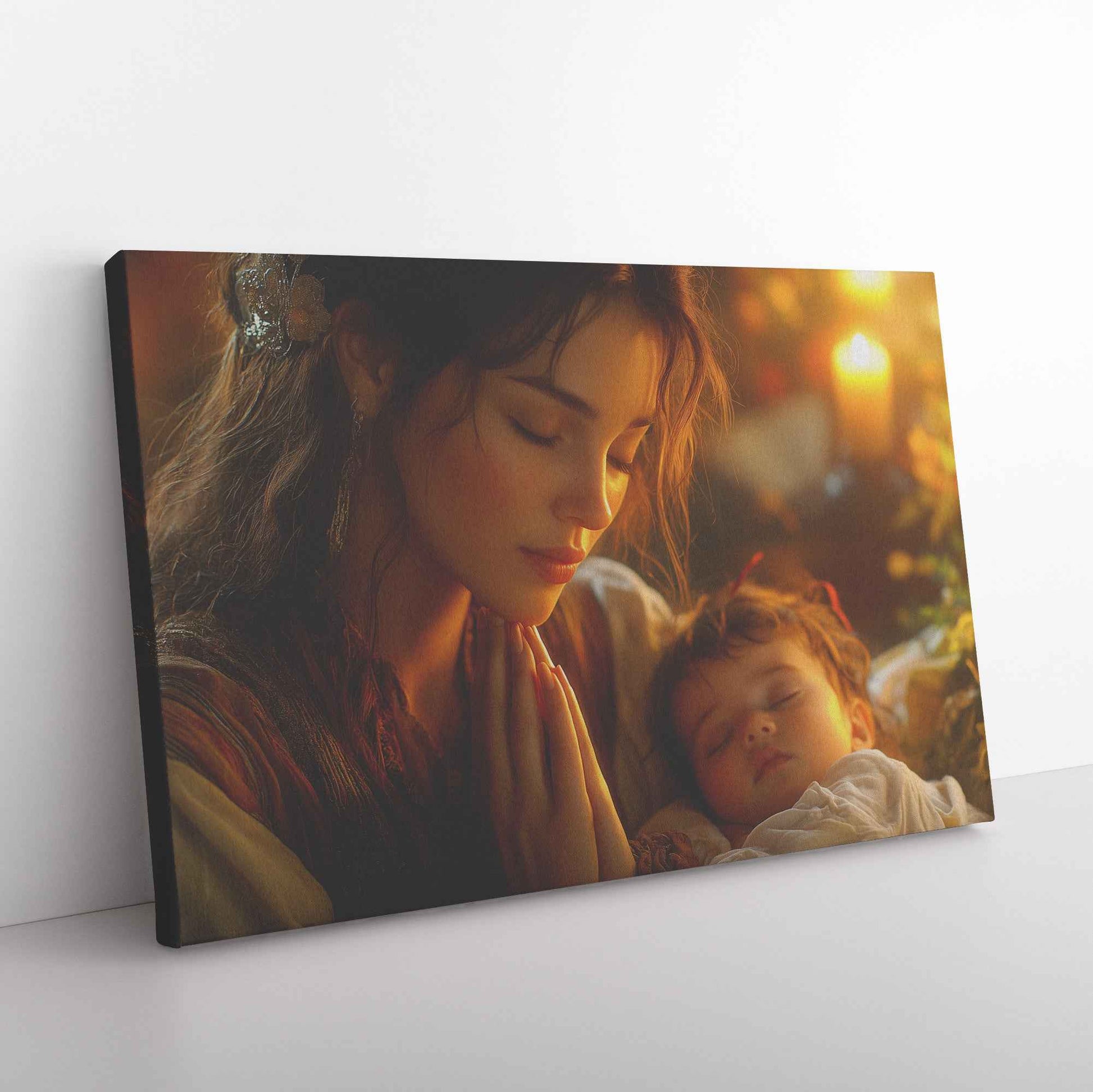 Sacred Moments Young Mother Praying Over Sleeping Baby in Warm Home   Uplifting Christian Canvas Wall Art Decor