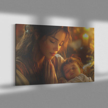 Sacred Moments Young Mother Praying Over Sleeping Baby in Warm Home   Uplifting Christian Canvas Wall Art Decor