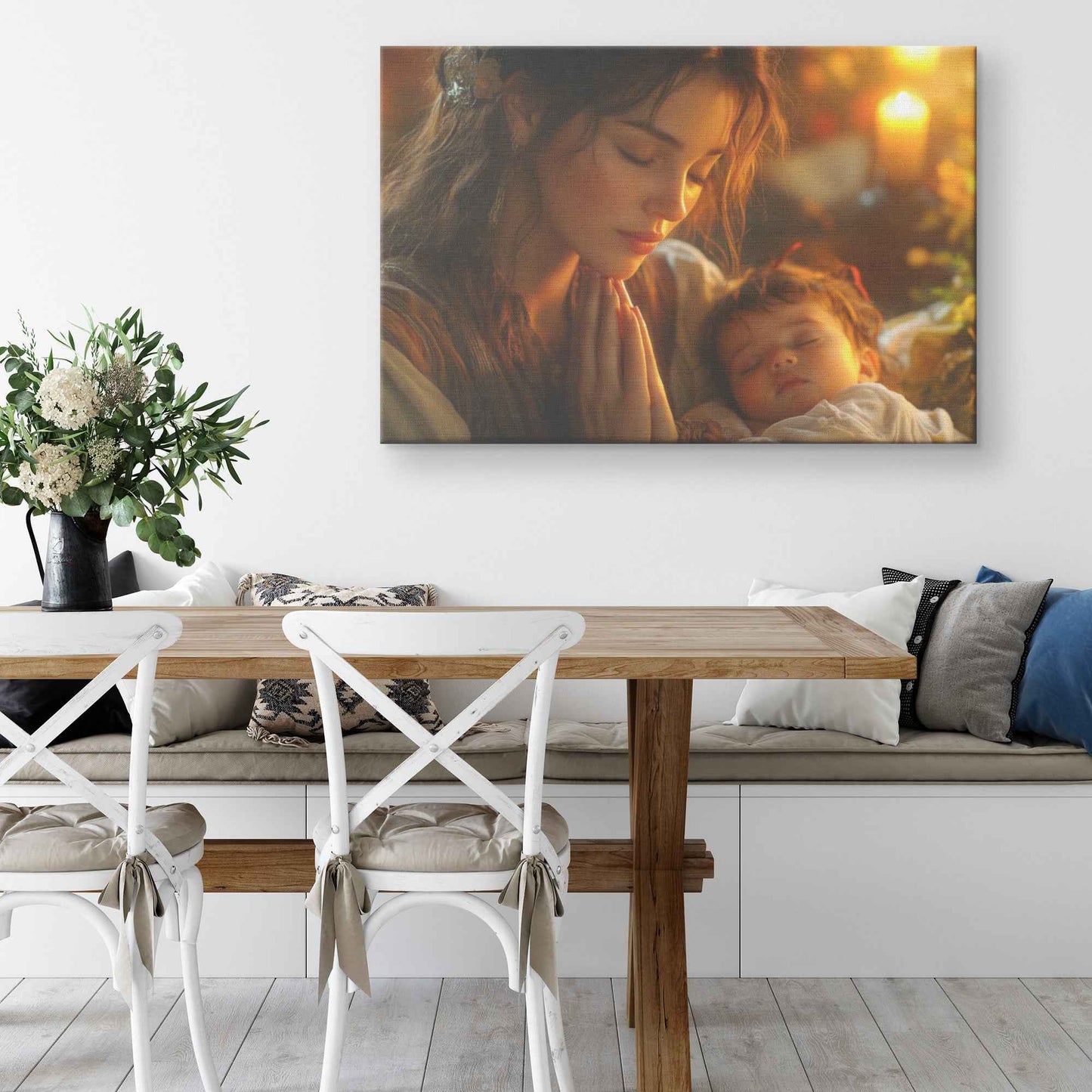 Sacred Moments Young Mother Praying Over Sleeping Baby in Warm Home   Uplifting Christian Canvas Wall Art Decor
