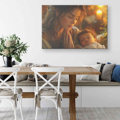 Sacred Moments Young Mother Praying Over Sleeping Baby in Warm Home   Uplifting Christian Canvas Wall Art Decor