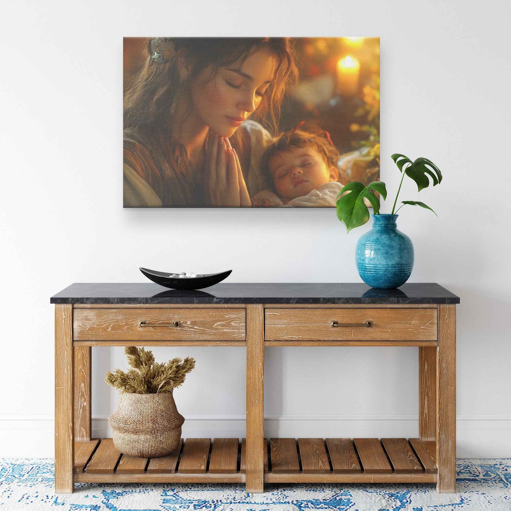 Sacred Moments Young Mother Praying Over Sleeping Baby in Warm Home   Uplifting Christian Canvas Wall Art Decor