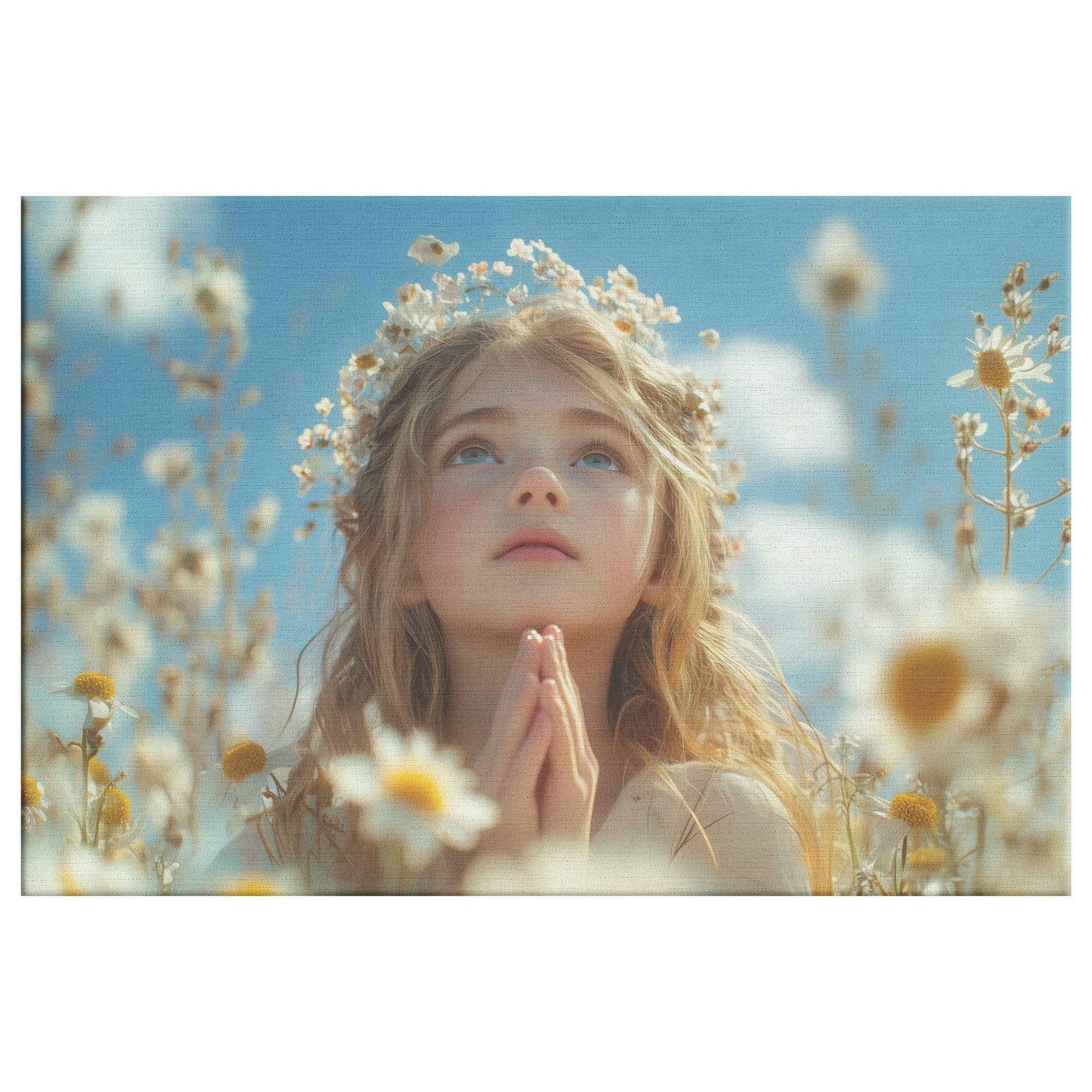Serene Beauty Young Girl in White Flower Crown Praying in Wildflower Field   Uplifting Christian Canvas Wall Art Decor