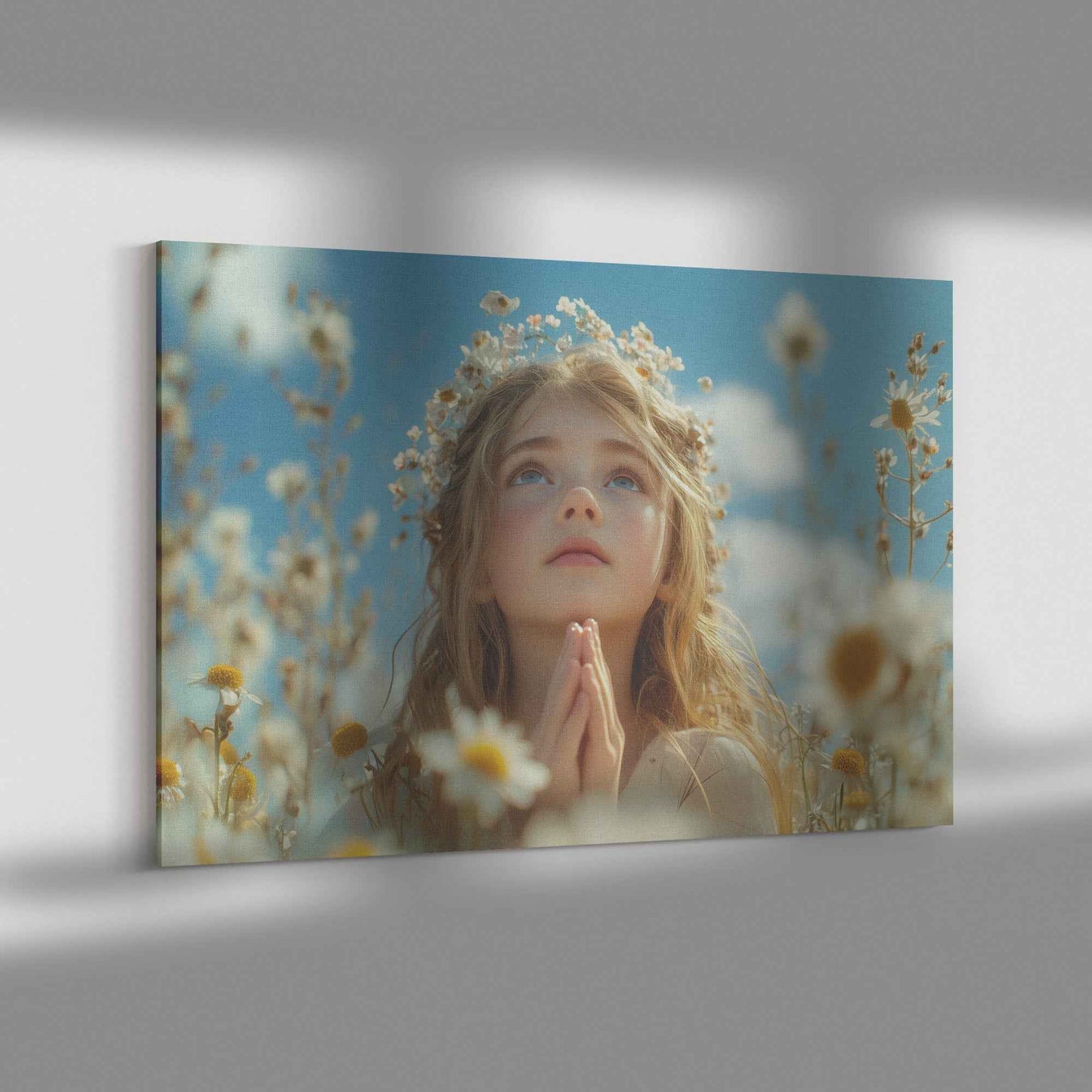Serene Beauty Young Girl in White Flower Crown Praying in Wildflower Field   Uplifting Christian Canvas Wall Art Decor