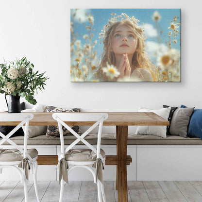 Serene Beauty Young Girl in White Flower Crown Praying in Wildflower Field   Uplifting Christian Canvas Wall Art Decor