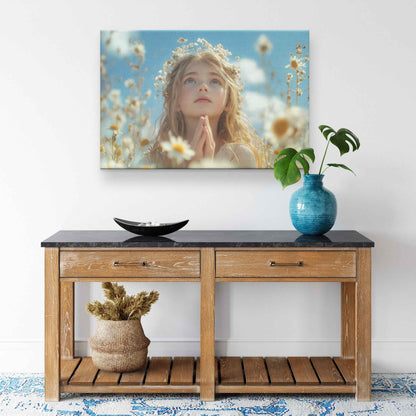 Serene Beauty Young Girl in White Flower Crown Praying in Wildflower Field   Uplifting Christian Canvas Wall Art Decor