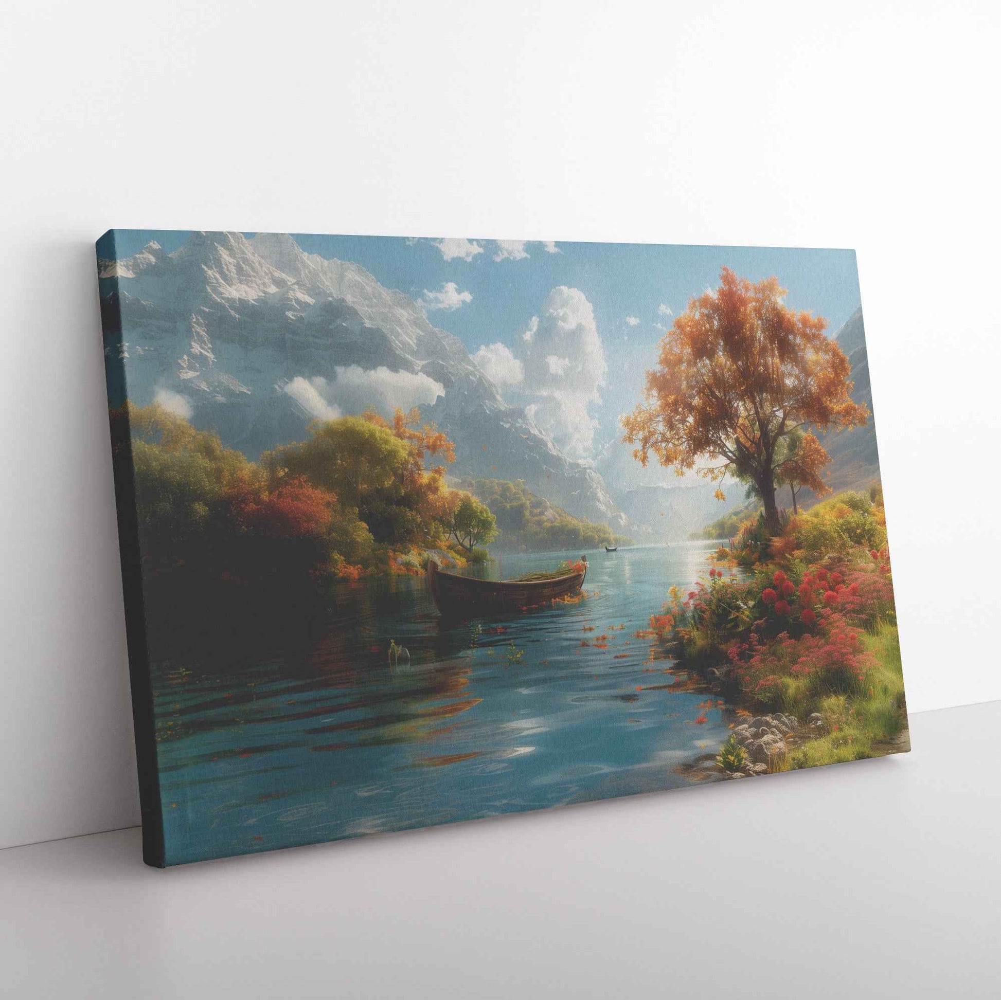 Serene Lake Surrounded Colorful Trees and Flowers with a Gliding Boat Near Autumn Mountains   Captivating Canvas Wall Art Decor