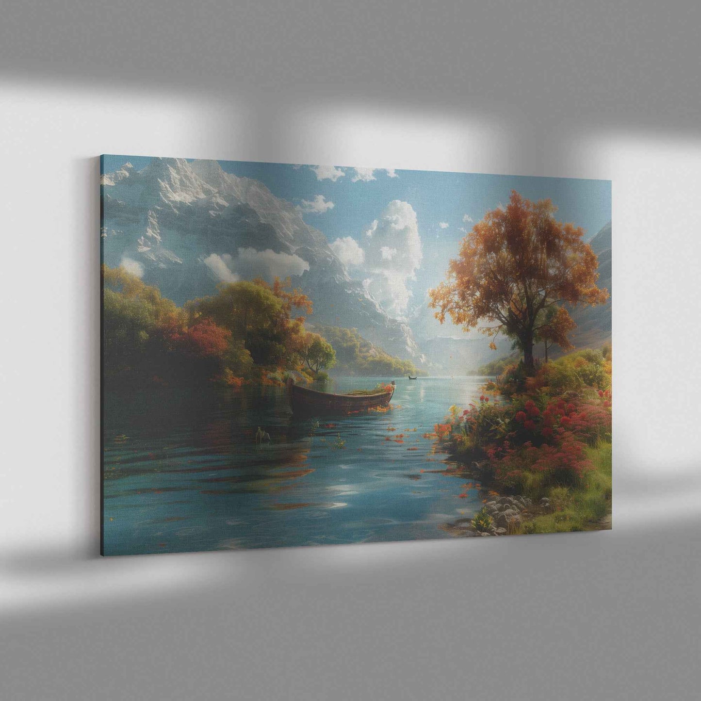 Serene Lake Surrounded Colorful Trees and Flowers with a Gliding Boat Near Autumn Mountains   Captivating Canvas Wall Art Decor