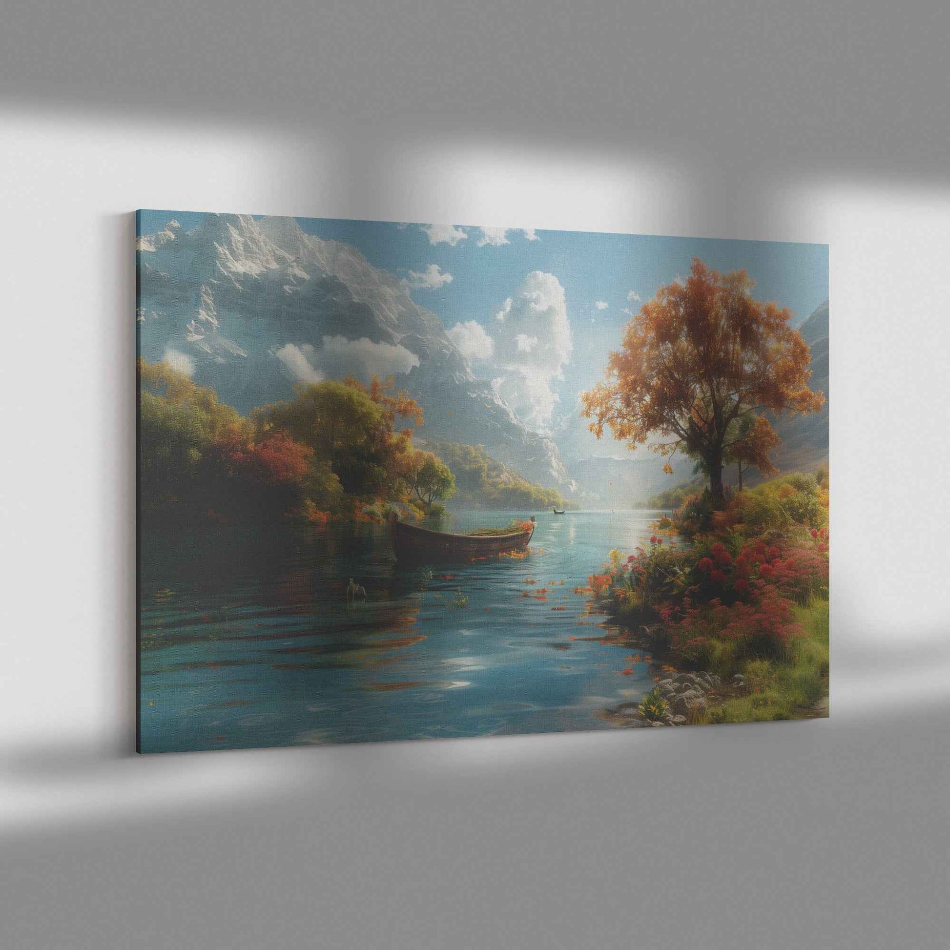Serene Lake Surrounded Colorful Trees and Flowers with a Gliding Boat Near Autumn Mountains   Captivating Canvas Wall Art Decor