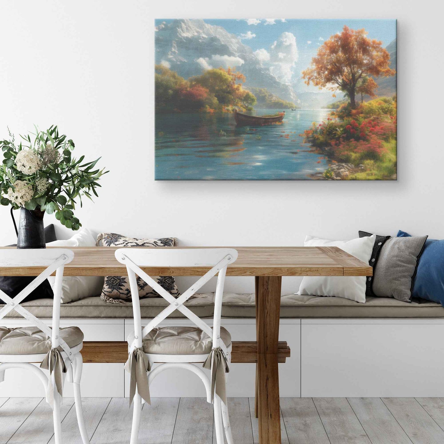 Serene Lake Surrounded Colorful Trees and Flowers with a Gliding Boat Near Autumn Mountains   Captivating Canvas Wall Art Decor