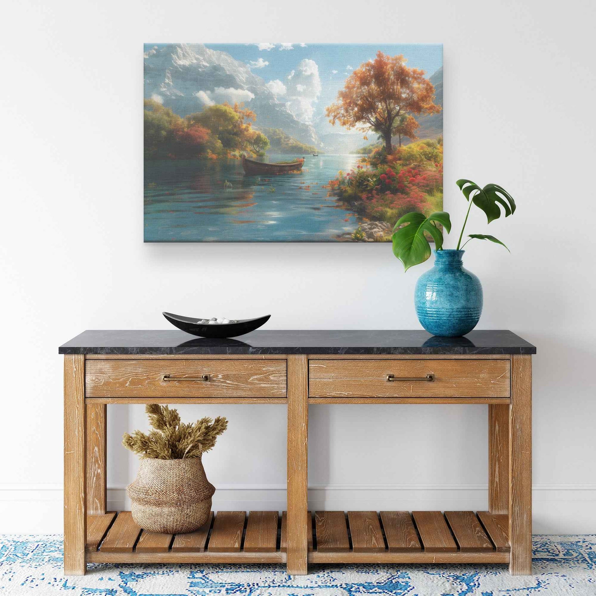 Serene Lake Surrounded Colorful Trees and Flowers with a Gliding Boat Near Autumn Mountains   Captivating Canvas Wall Art Decor