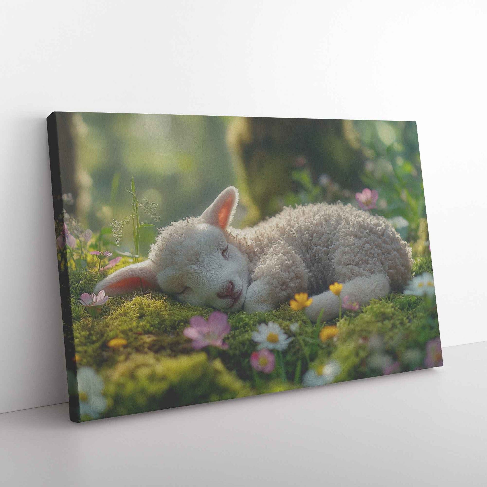 Serene Lamb in a Sunlit Meadow Peaceful Garden Bliss   Christian Canvas Wall Art Decor