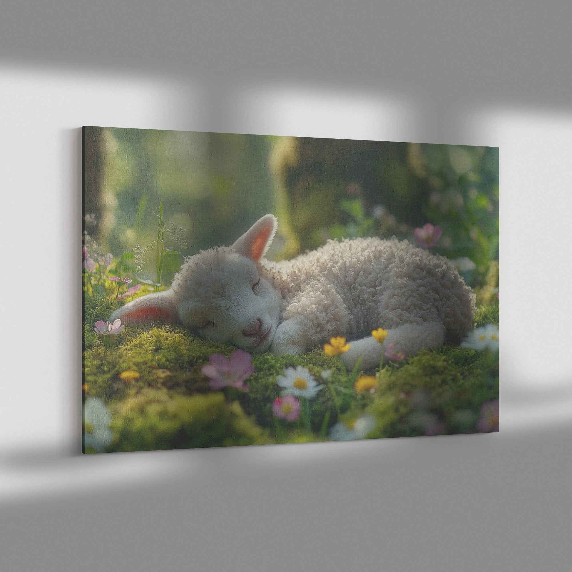 Serene Lamb in a Sunlit Meadow Peaceful Garden Bliss   Christian Canvas Wall Art Decor