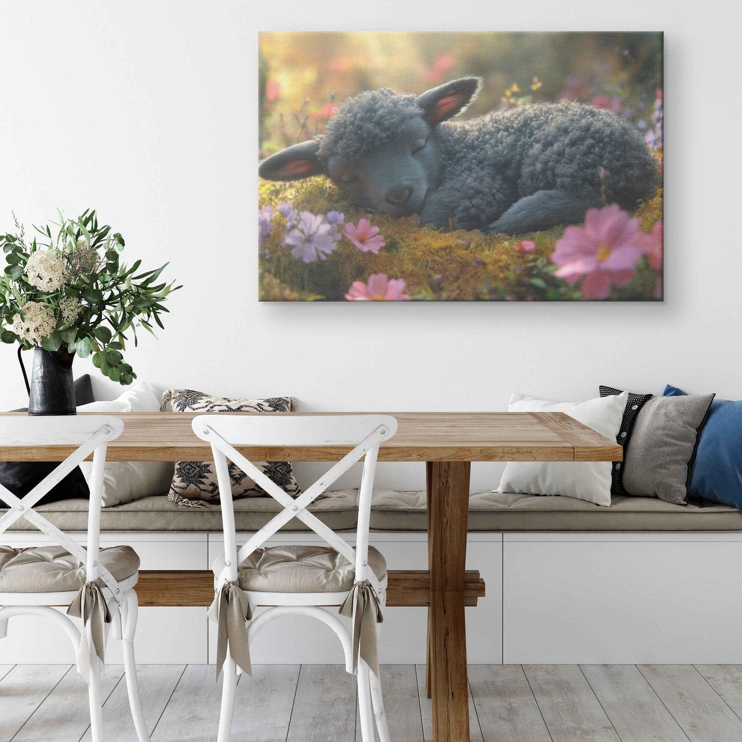 Serene Lamb in Blooming Moss Adorable Peacefulness   Christian Canvas Wall Art Decor