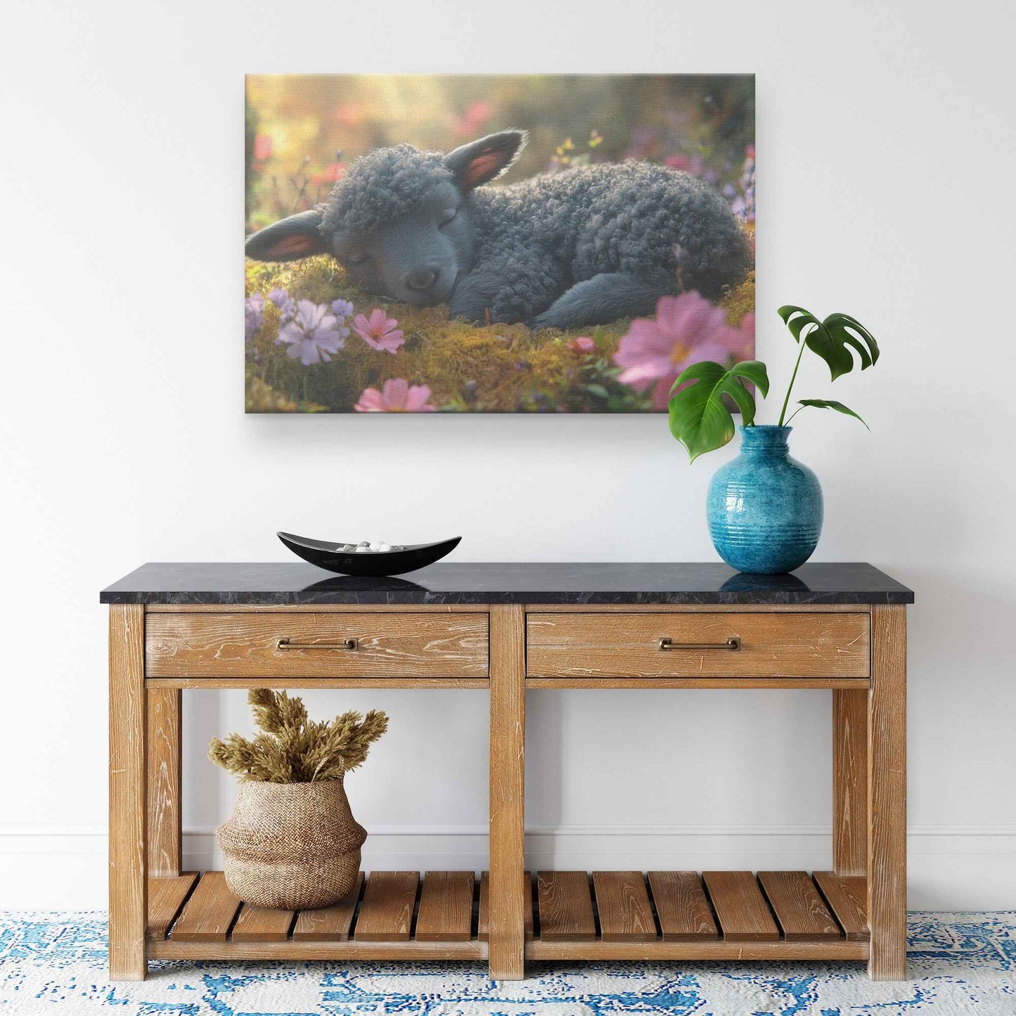 Serene Lamb in Blooming Moss Adorable Peacefulness   Christian Canvas Wall Art Decor