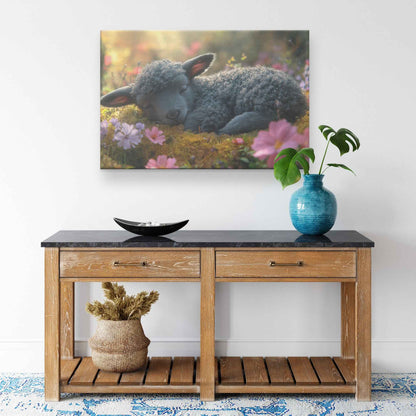 Serene Lamb in Blooming Moss Adorable Peacefulness   Christian Canvas Wall Art Decor