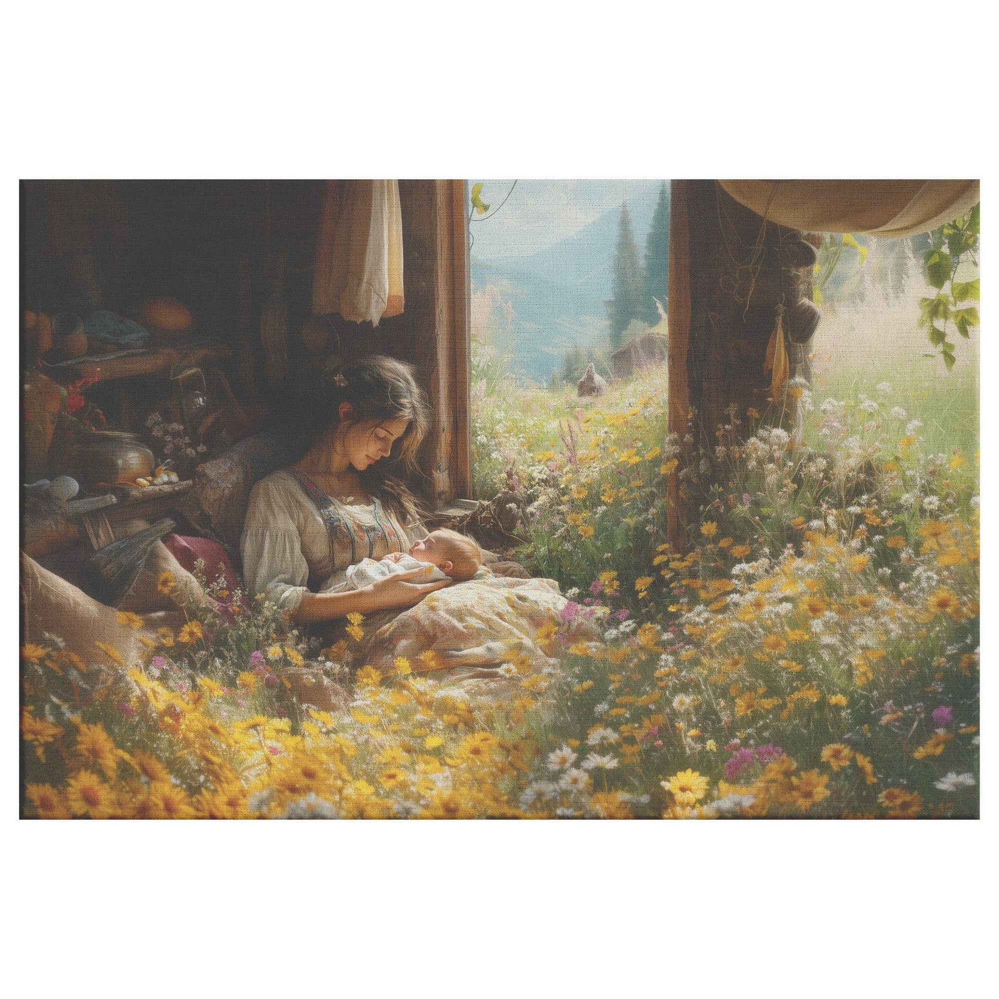 Serene Love Mother and Baby in Cozy Cabin Surrounded Nature Heartwarming Christian Canvas Wall Art Decor