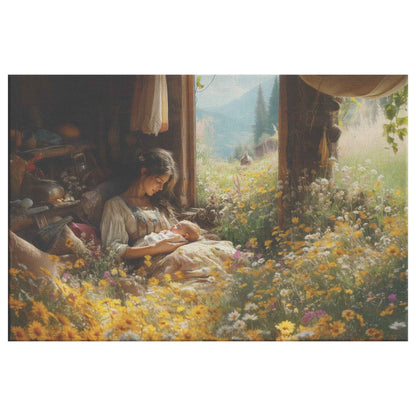 Serene Love Mother and Baby in Cozy Cabin Surrounded Nature Heartwarming Christian Canvas Wall Art Decor