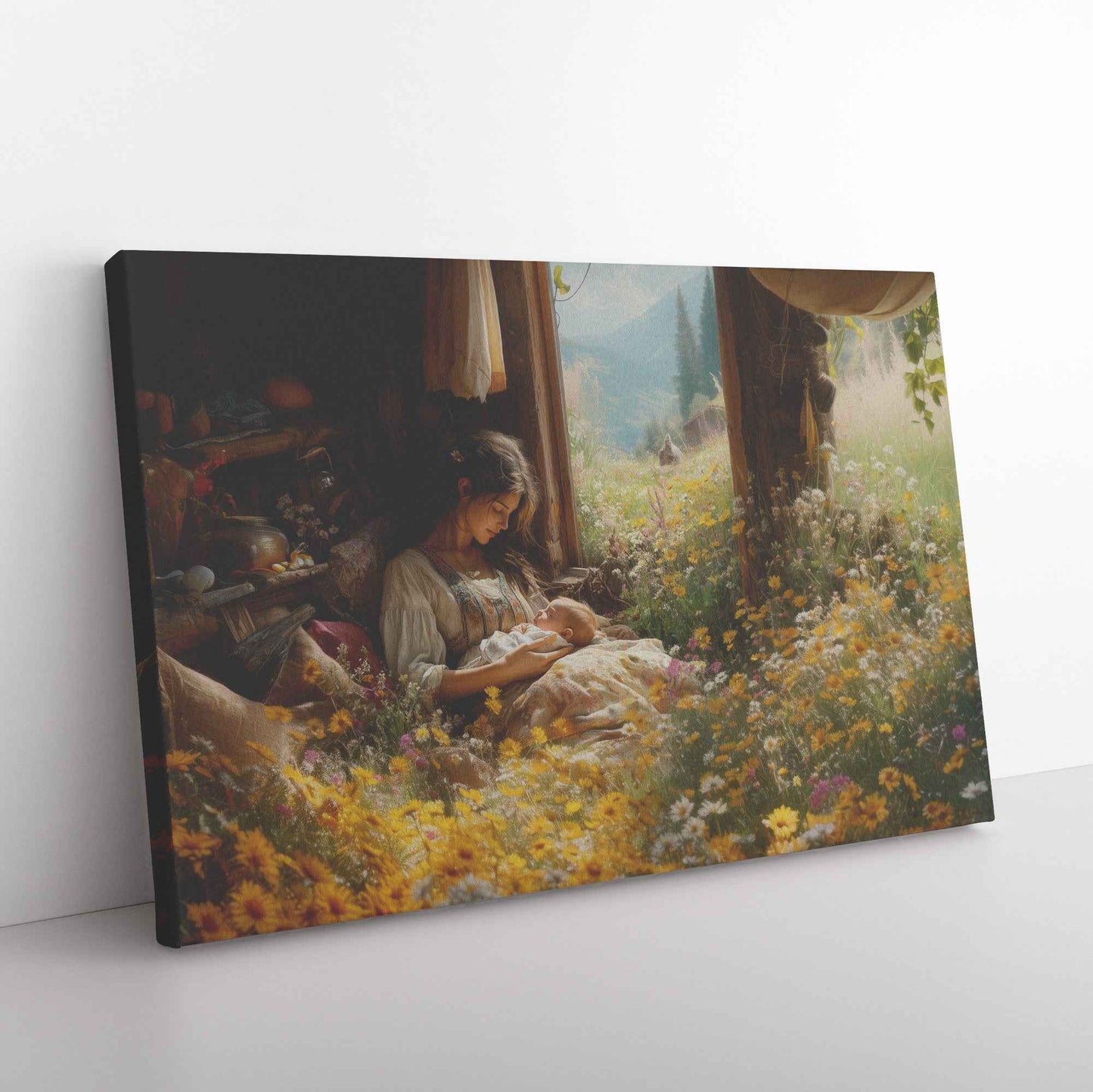 Serene Love Mother and Baby in Cozy Cabin Surrounded Nature Heartwarming Christian Canvas Wall Art Decor