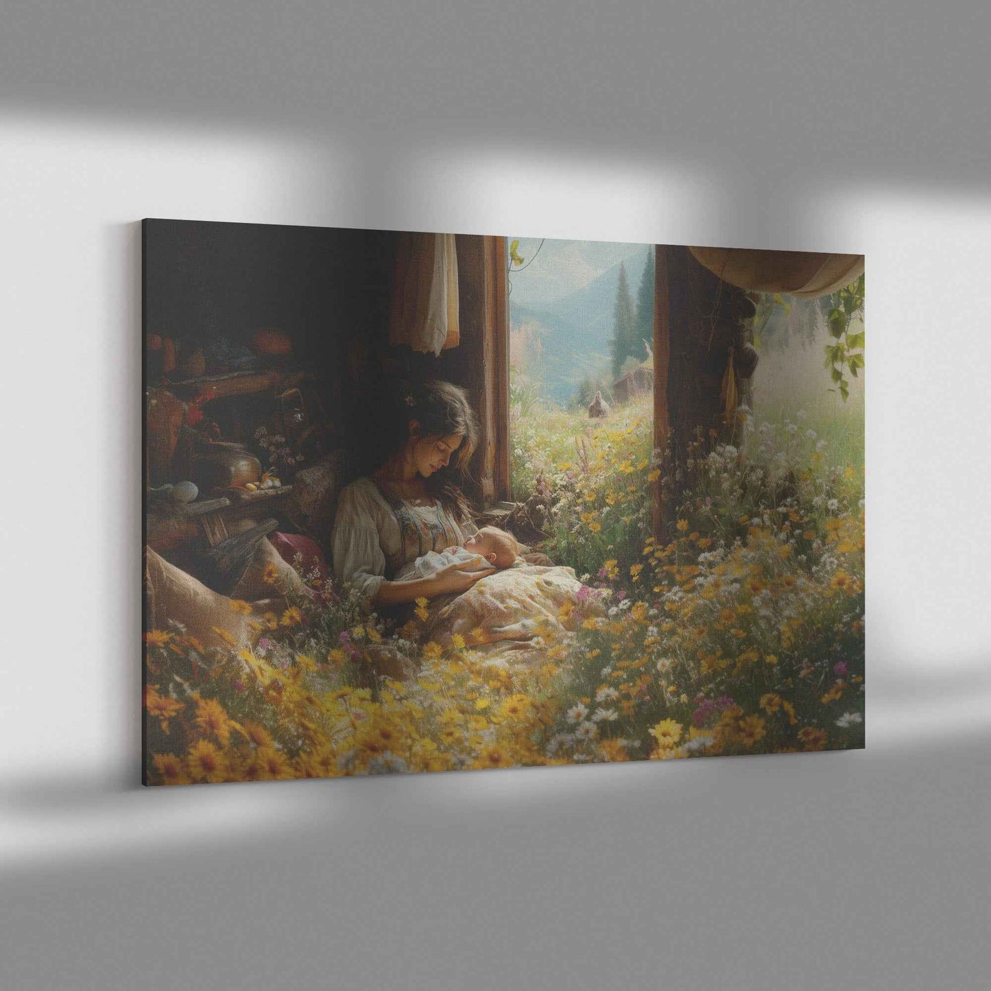 Serene Love Mother and Baby in Cozy Cabin Surrounded Nature Heartwarming Christian Canvas Wall Art Decor