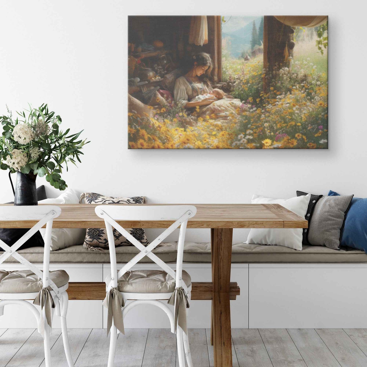 Serene Love Mother and Baby in Cozy Cabin Surrounded Nature Heartwarming Christian Canvas Wall Art Decor