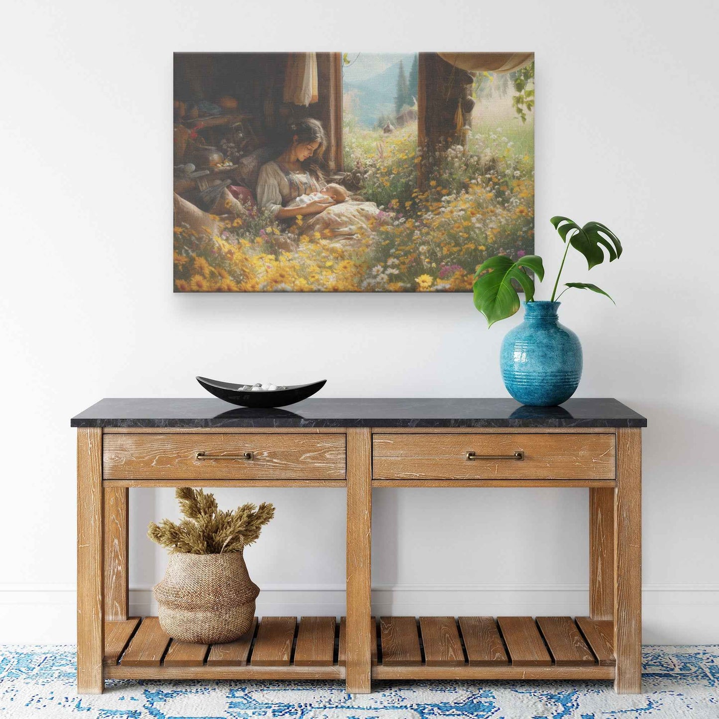 Serene Love Mother and Baby in Cozy Cabin Surrounded Nature Heartwarming Christian Canvas Wall Art Decor