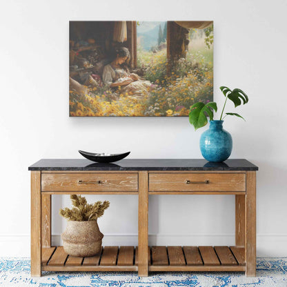 Serene Love Mother and Baby in Cozy Cabin Surrounded Nature Heartwarming Christian Canvas Wall Art Decor
