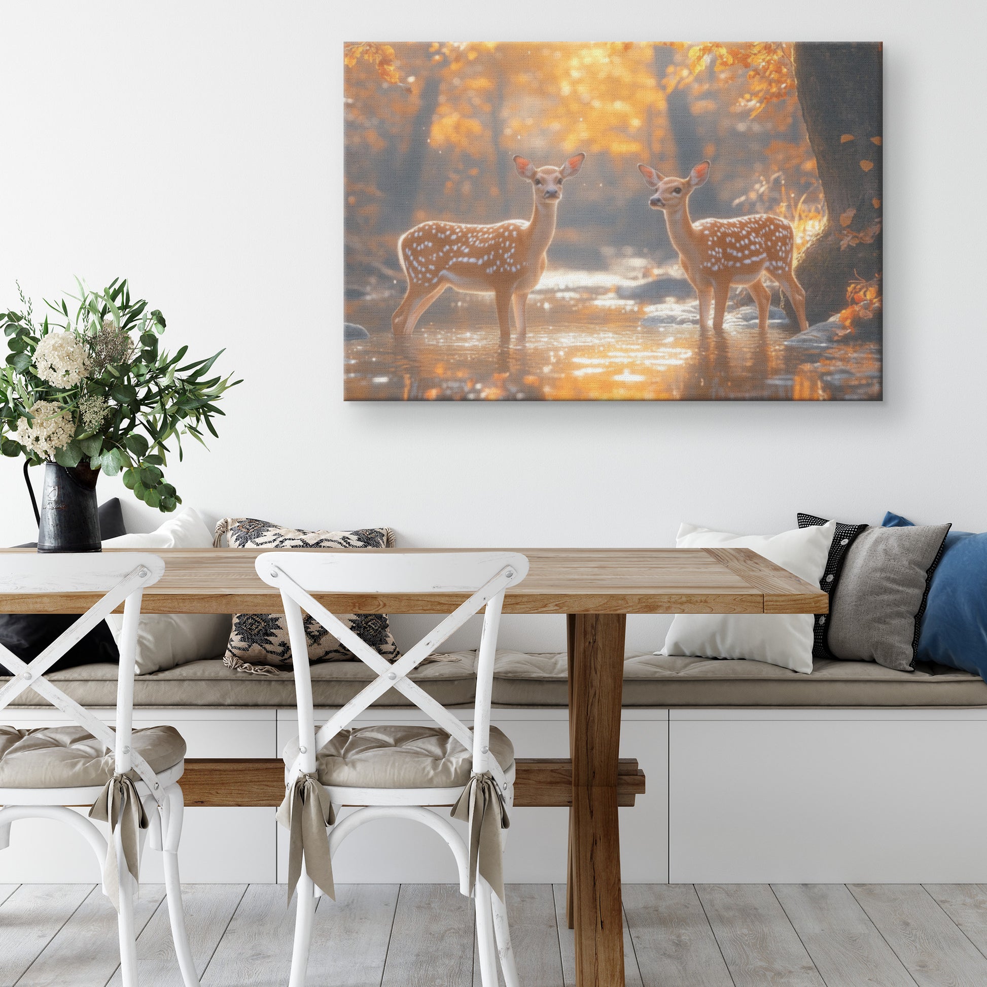 Serene Pair of Deer Standing in Shimmering River Surrounded Autumn's Beauty   Christian Canvas Wall Art Decor - Awakening Righteousness
