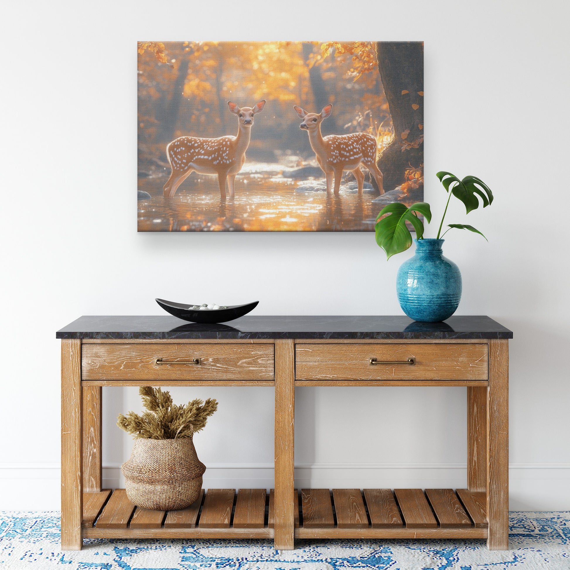 Serene Pair of Deer Standing in Shimmering River Surrounded Autumn's Beauty   Christian Canvas Wall Art Decor - Awakening Righteousness