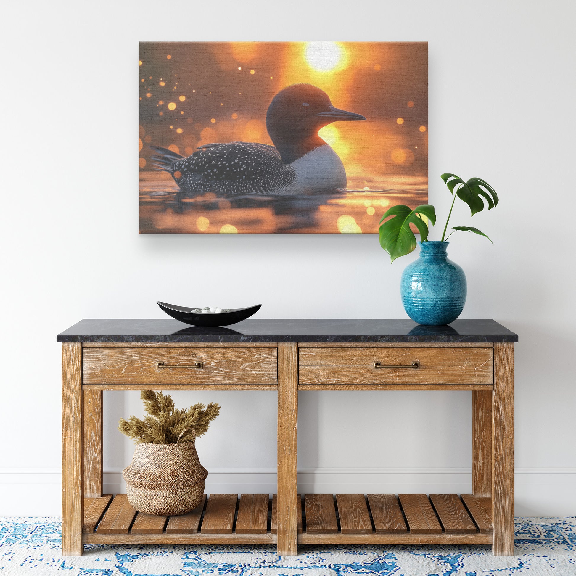 Serene Silhouette of Adult Loon on Calm Waters at Sunset   Christian Canvas Wall Art Decor - Awakening Righteousness