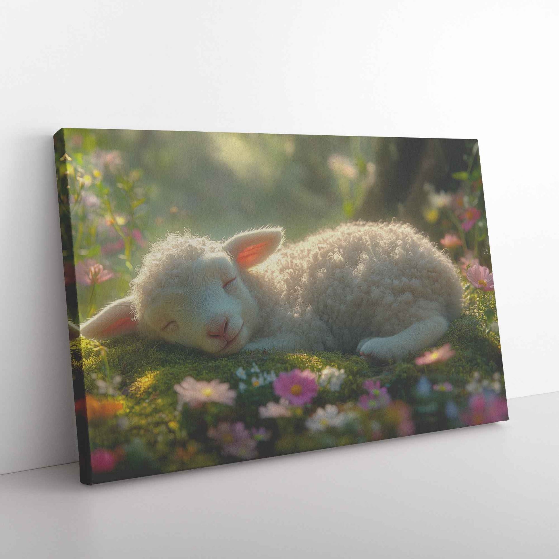 Serene Slumber Adorable Lamb Resting Amidst Vibrant Blooms   Christian Canvas Wall Art Decor