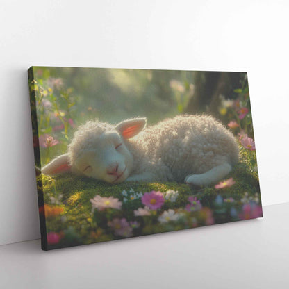 Serene Slumber Adorable Lamb Resting Amidst Vibrant Blooms   Christian Canvas Wall Art Decor