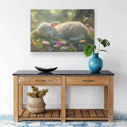 Serene Slumber Adorable Lamb Resting Amidst Vibrant Blooms   Christian Canvas Wall Art Decor