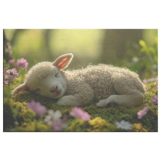 Serene Slumber Lamb Resting Amidst Blooming Garden   Christian Canvas Wall Art Decor